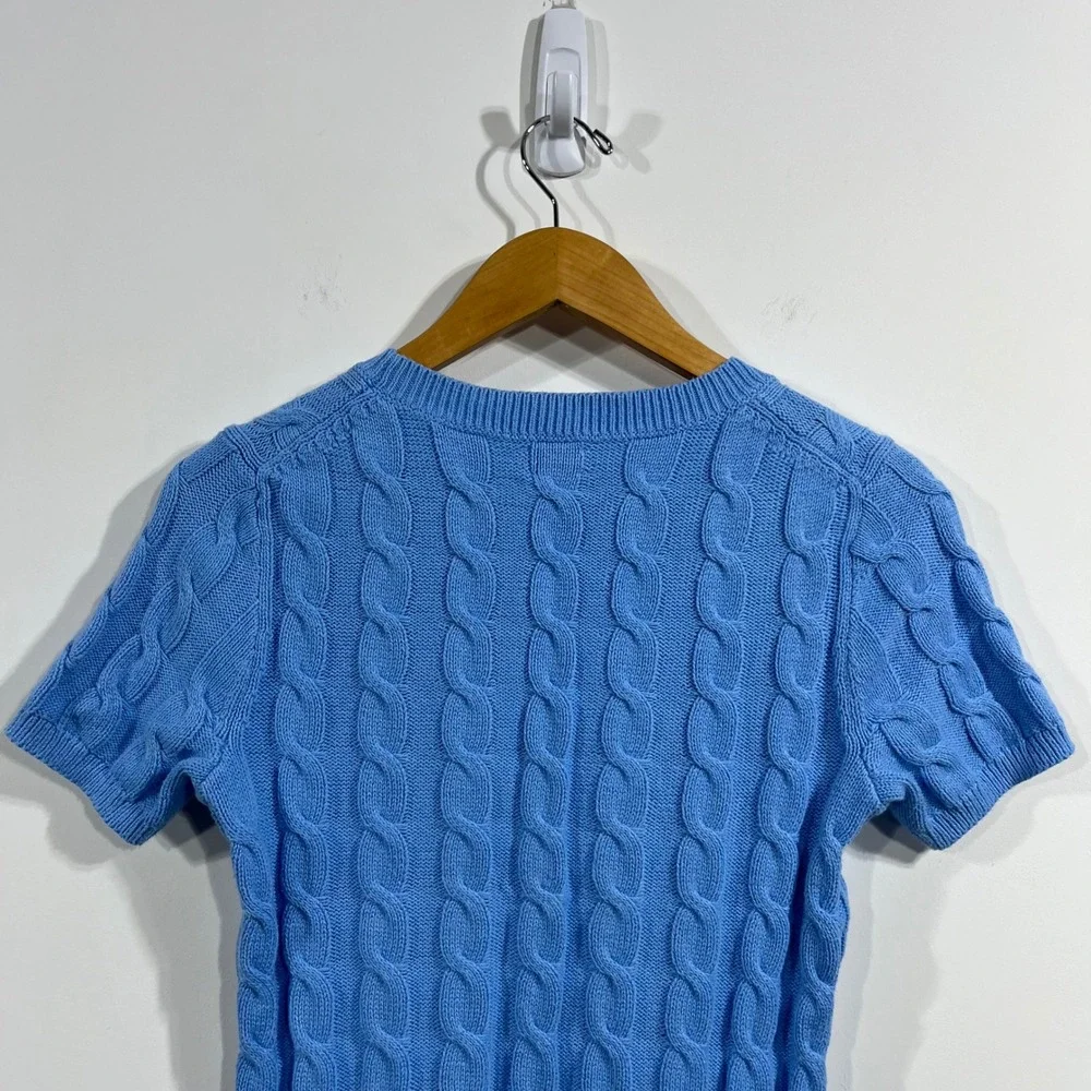 J.Crew Preppy Old Money Cable Knit Short Sleeve Sweater Crew Neck Womens XS Blue